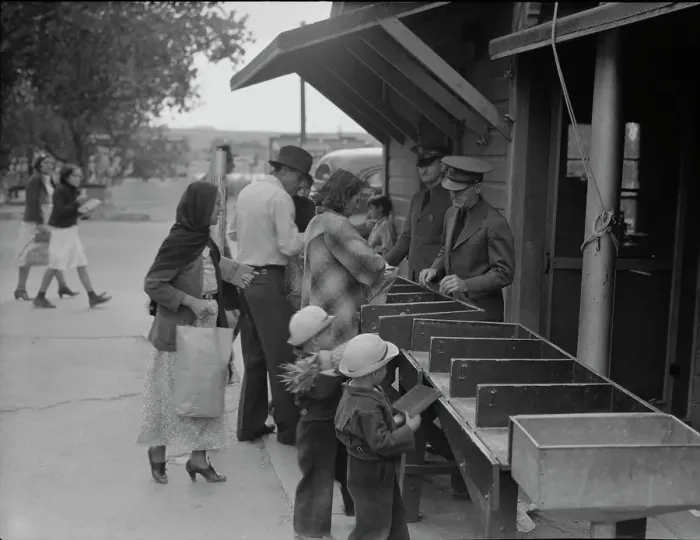 Framed Print : Plant quarantine inspectors examining packages, Texas, 1937. Creator: Dorothea Lange Framed Print : Plant quarantine inspectors examining packages, Texas, 1937. Creator: Dorothea Lange