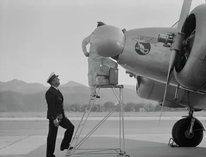 Framed Print : Plant quarantine inspectors examining plane at the Glendale Airport, California, 1937. Creator: Dorothea Lange Framed Print : Plant quarantine inspectors examining plane at the Glendale Airport, California, 1937. Creator: Dorothea Lange