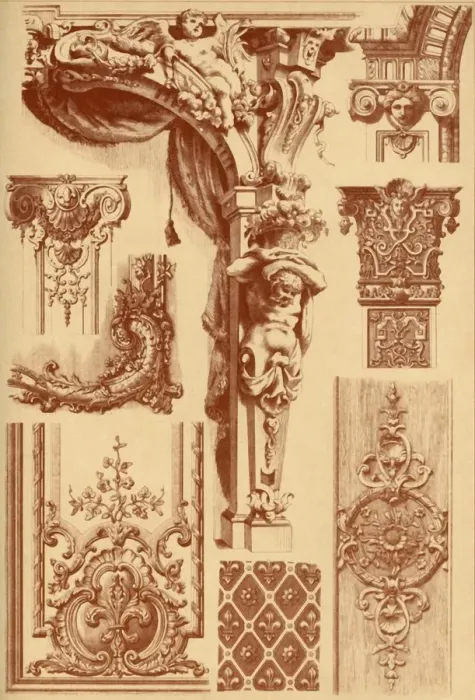 Framed Print : Plaster ornaments, France, 17th and 18th centuries, (1898). Creator: Unknown Framed Print : Plaster ornaments, France, 17th and 18th centuries, (1898). Creator: Unknown