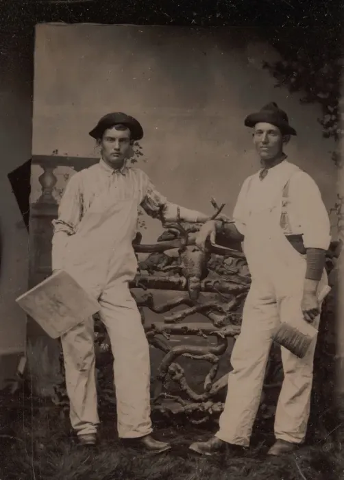 Framed Print : Two Plasterers in Overalls Leaning on a Rustic Fence, 1870s-80s. Creator: Unknown Framed Print : Two Plasterers in Overalls Leaning on a Rustic Fence, 1870s-80s. Creator: Unknown