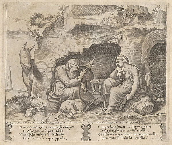 Plate 1: Apuleius changed into a donkey, listening to the story told by the old woman, ... 1530-60. Creator: Master of the Die