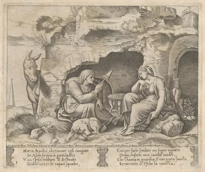 Framed Print : Plate 1: Apuleius changed into a donkey, listening to the story told by the old woman... 1530-60. Creator: Master of the Die Framed Print : Plate 1: Apuleius changed into a donkey, listening to the story told by the old woman... 1530-60. Creator: Master of the Die