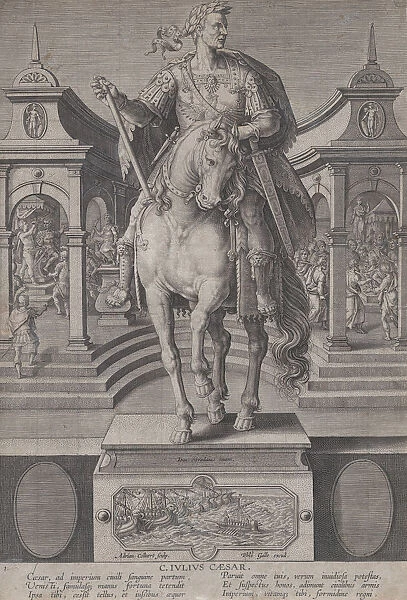 Plate 1: equestrian statue of Julius Caesar, seen from the front, with a scene of a