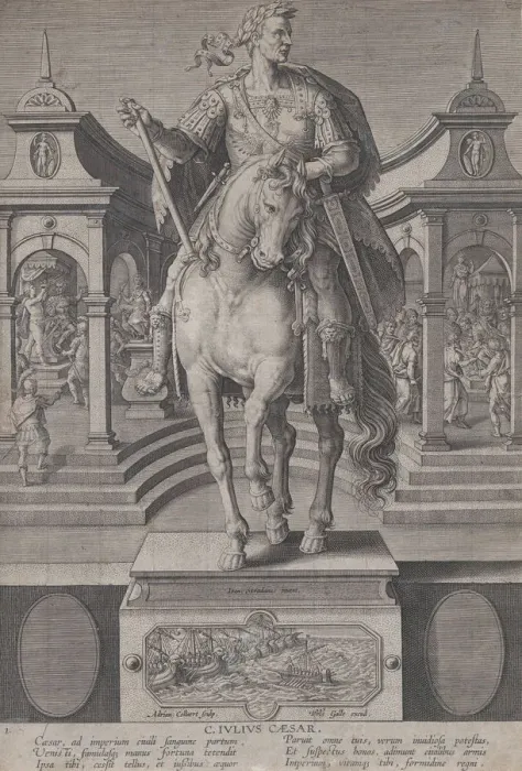 Framed Print : Plate 1: equestrian statue of Julius Caesar, seen from the front, with a scene of a Framed Print : Plate 1: equestrian statue of Julius Caesar, seen from the front, with a scene of a
