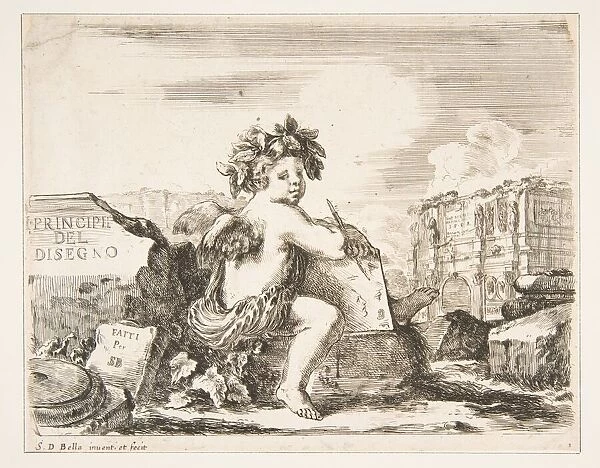 Plate 1: the genius of drawing, a child with wings, seated on a rock in center turn