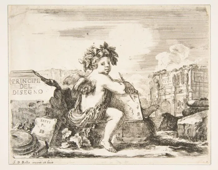 Framed Print : Plate 1: the genius of drawing, a child with wings, seated on a rock in center turn Framed Print : Plate 1: the genius of drawing, a child with wings, seated on a rock in center turn