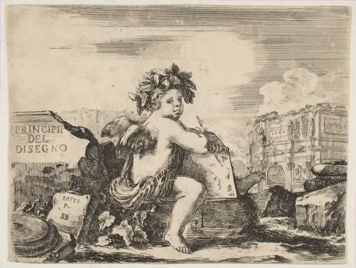 Framed Print : Plate 1: the genius of drawing, a child with wings, seated on a rock in center turn Framed Print : Plate 1: the genius of drawing, a child with wings, seated on a rock in center turn
