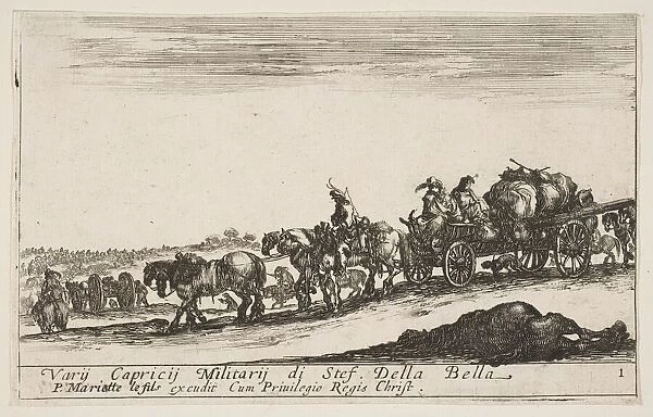 Plate 1: A horse drawn cart carrying people and goods, dead horse in the foreground, f