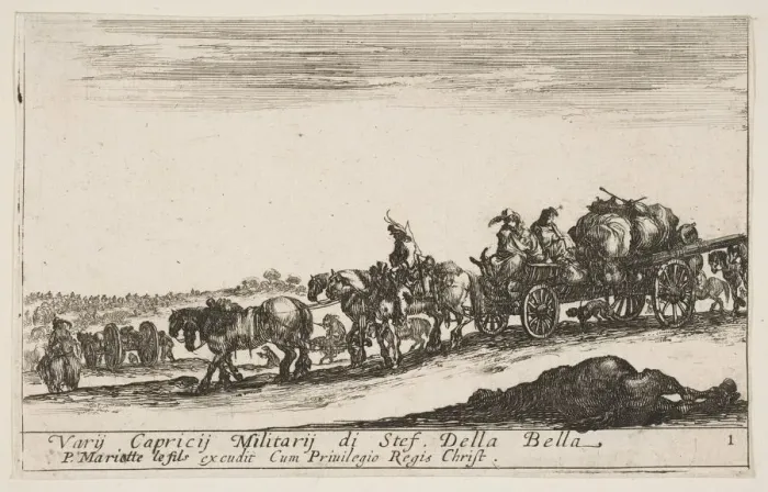 Framed Print : Plate 1: A horse drawn cart carrying people and goods, dead horse in the foreground, f Framed Print : Plate 1: A horse drawn cart carrying people and goods, dead horse in the foreground, f