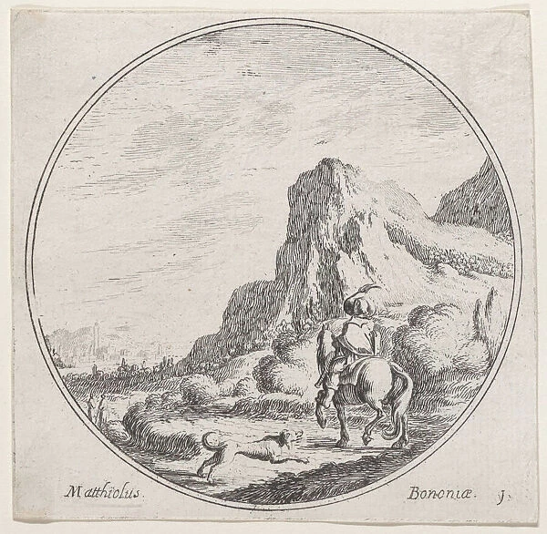 Plate 1: a horseman riding towards the left, followed by a dog, in a rocky landscape, ... 1680-1747. Creator: Lodovico Mattioli