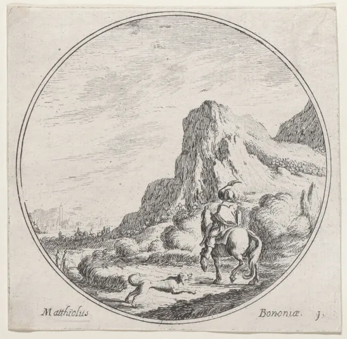 Framed Print : Plate 1: a horseman riding towards the left, followed by a dog, in a rocky landscape... 1680-1747. Creator: Lodovico Mattioli Framed Print : Plate 1: a horseman riding towards the left, followed by a dog, in a rocky landscape... 1680-1747. Creator: Lodovico Mattioli
