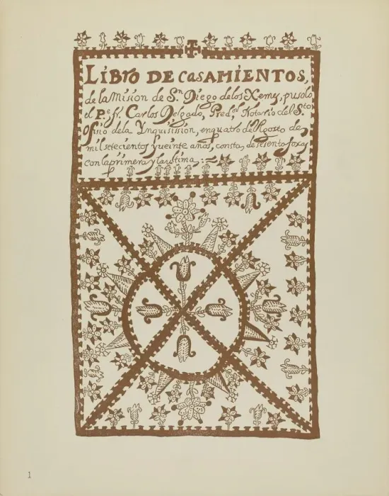 Framed Print : Plate 1: Jemez Book of Marriages: From Portfolio Spanish Colonial Designs of New Mexico, 1935 / 1942 Creator: Unknown Framed Print : Plate 1: Jemez Book of Marriages: From Portfolio Spanish Colonial Designs of New Mexico, 1935 / 1942 Creator: Unknown