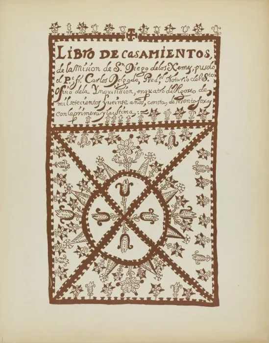 Framed Print : Plate 1: Jemez Book of Marriages: From Portfolio Spanish Colonial Designs of New Mexico, 1935 / 1942 Creator: Unknown Framed Print : Plate 1: Jemez Book of Marriages: From Portfolio Spanish Colonial Designs of New Mexico, 1935 / 1942 Creator: Unknown