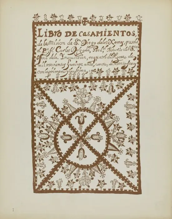Framed Print : Plate 1: Jemez Book of Marriages: From Portfolio Spanish Colonial Designs of New Mexico, 1935 / 1942 Creator: Unknown Framed Print : Plate 1: Jemez Book of Marriages: From Portfolio Spanish Colonial Designs of New Mexico, 1935 / 1942 Creator: Unknown