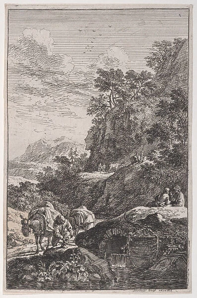 Plate 1: a peasant checking the hoof of his mule by a stream, from Landscapes in t