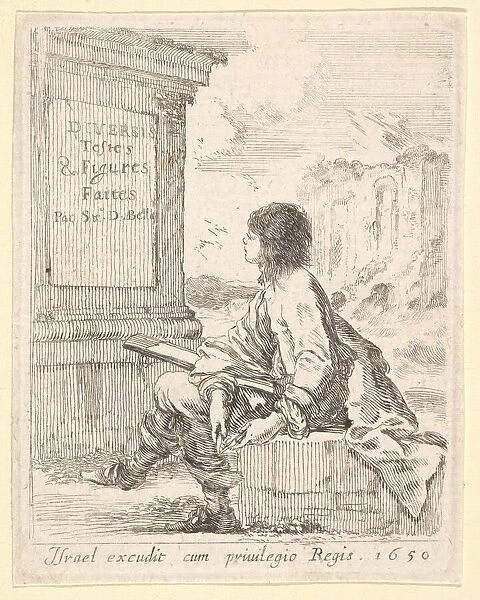 Plate 1: a young man sitting on a stone, facing left in profile