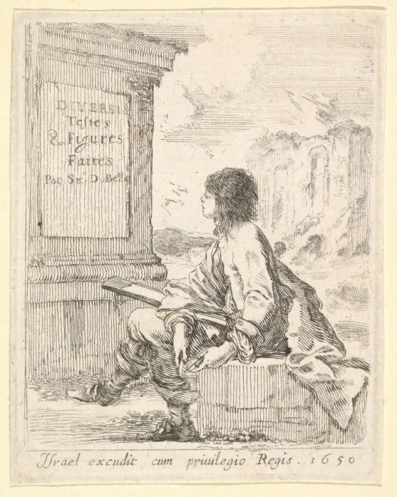 Framed Print : Plate 1: a young man sitting on a stone, facing left in profile Framed Print : Plate 1: a young man sitting on a stone, facing left in profile