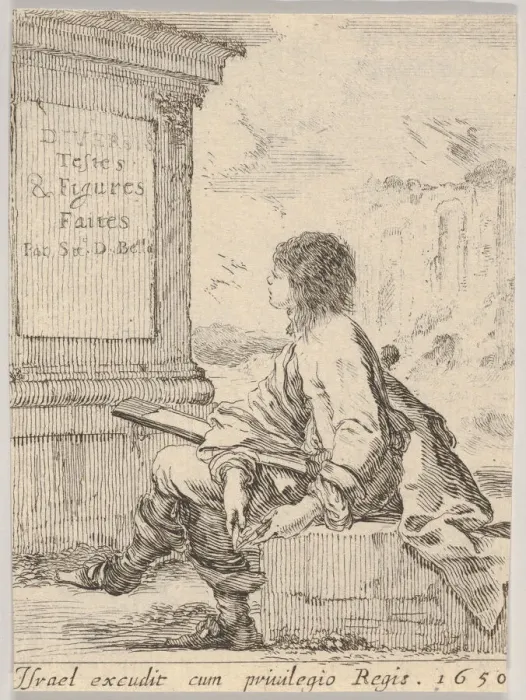 Framed Print : Plate 1: a young man sitting on a stone, facing left in profile Framed Print : Plate 1: a young man sitting on a stone, facing left in profile