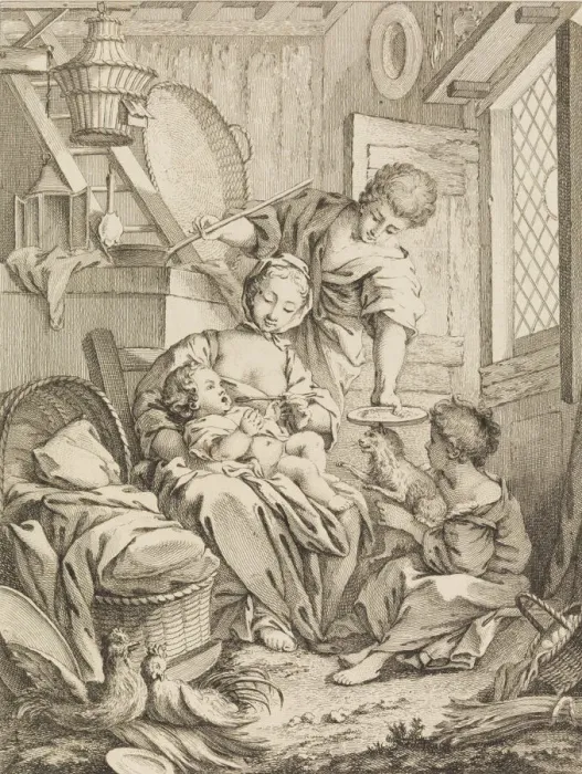 Framed Print : Plate 1: Young Woman Feeding her Infant, from Premier Livre de Sujets et Pastorales (Fi Framed Print : Plate 1: Young Woman Feeding her Infant, from Premier Livre de Sujets et Pastorales (Fi