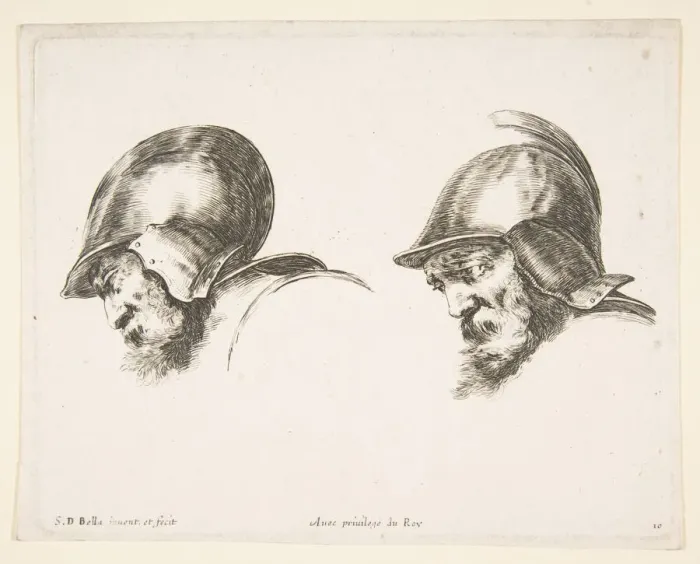 Framed Print : Plate 10: two heads of old soldiers wearing helmets, both facing left and looking down Framed Print : Plate 10: two heads of old soldiers wearing helmets, both facing left and looking down