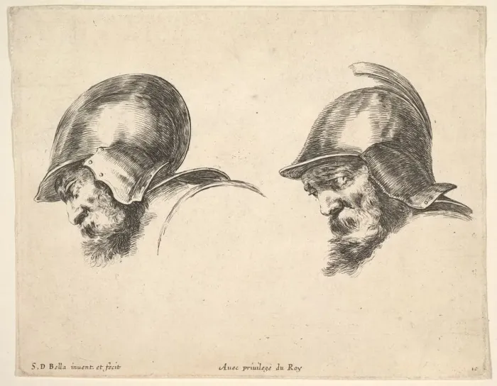 Framed Print : Plate 10: two heads of old soldiers wearing helmets, both facing left and looking down Framed Print : Plate 10: two heads of old soldiers wearing helmets, both facing left and looking down