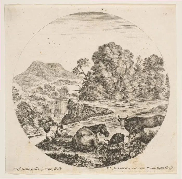 Framed Print : Plate 10: a horse lying down at center, a cow and two goats at right, two seated sheph Framed Print : Plate 10: a horse lying down at center, a cow and two goats at right, two seated sheph