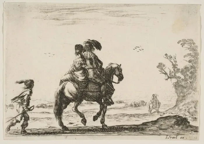 Framed Print : Plate 10: a horseman and a woman, seen from behind, riding towards the right with a young Framed Print : Plate 10: a horseman and a woman, seen from behind, riding towards the right with a young