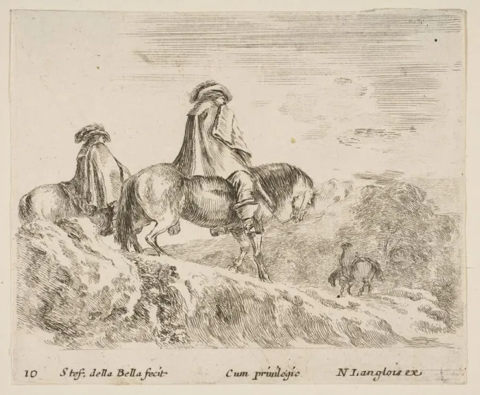 Framed Print : Plate 10: two horsemen descending a mountain at left, another horseman to right in Framed Print : Plate 10: two horsemen descending a mountain at left, another horseman to right in