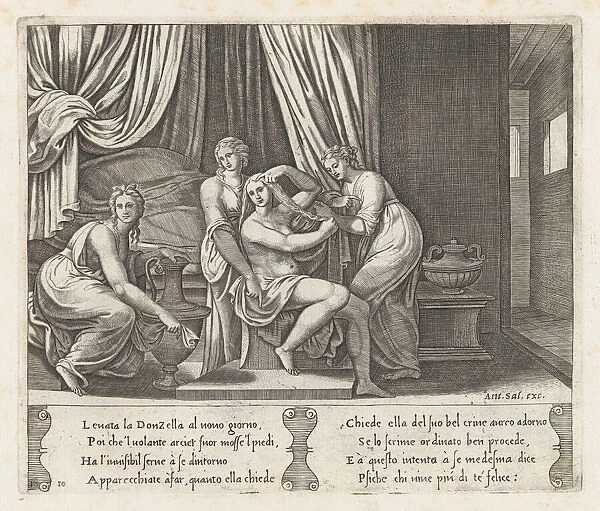 Plate 10: Nymphs dressing Psyches hair, from the Story of Cupid and Psyche as told by... 1530-60. Creator: Master of the Die