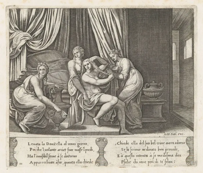 Framed Print : Plate 10: Nymphs dressing Psyches hair, from the Story of Cupid and Psyche as told by... 1530-60. Creator: Master of the Die Framed Print : Plate 10: Nymphs dressing Psyches hair, from the Story of Cupid and Psyche as told by... 1530-60. Creator: Master of the Die