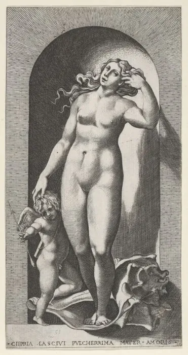 Framed Print : Plate 10: Venus in a niche, standing on a conch shell, with Cupid to her right Framed Print : Plate 10: Venus in a niche, standing on a conch shell, with Cupid to her right