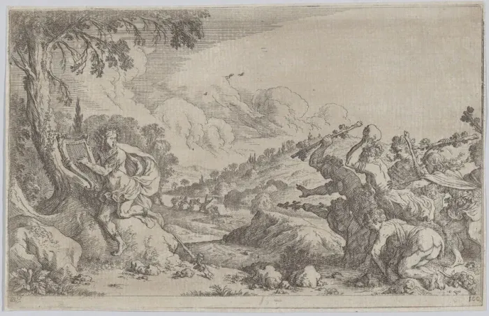 Framed Print : Plate 100: The death of Orpheus, from Ovids Metamorphoses, 1641. Creator: Johann Wilhelm Baur Framed Print : Plate 100: The death of Orpheus, from Ovids Metamorphoses, 1641. Creator: Johann Wilhelm Baur