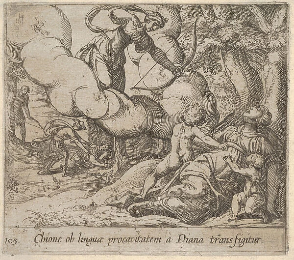 Plate 105: Diana aiming her bow toward Chione, who is accompanied by two children