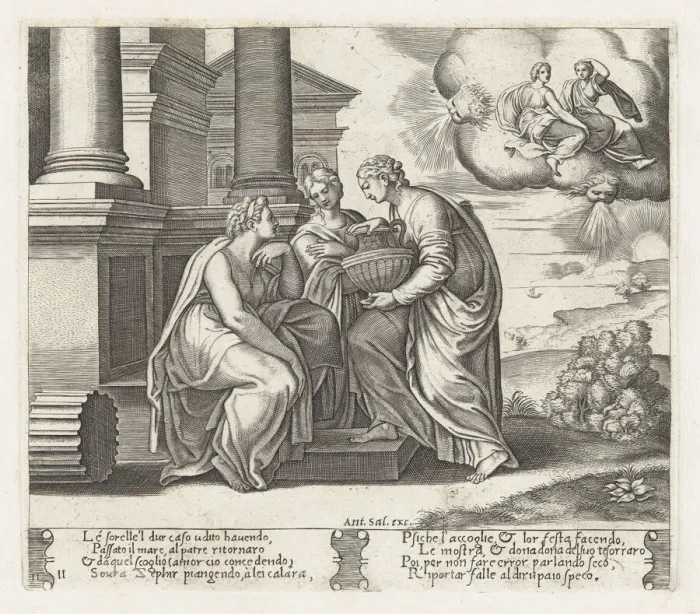 Framed Print : Plate 11: Psyche offering presents to her sisters who also appear on the clouds at uppe... 1530-60. Creator: Master of the Die Framed Print : Plate 11: Psyche offering presents to her sisters who also appear on the clouds at uppe... 1530-60. Creator: Master of the Die