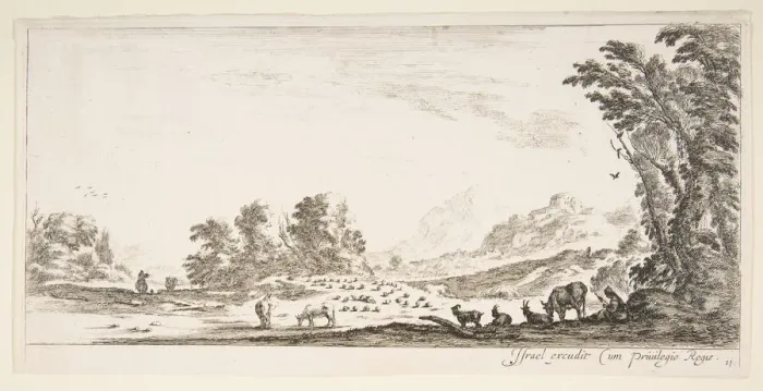 Framed Print : Plate 11: shepherdess seated to the right under a tree, watching her flock to the left Framed Print : Plate 11: shepherdess seated to the right under a tree, watching her flock to the left