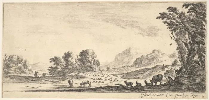 Framed Print : Plate 11: shepherdess seated to the right under a tree, watching her flock to the left Framed Print : Plate 11: shepherdess seated to the right under a tree, watching her flock to the left