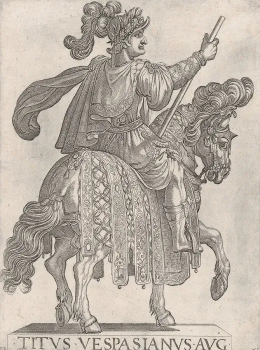 Framed Print : Plate 11: Titus Vespasian on horseback facing right from the First Twelve Emperors o Framed Print : Plate 11: Titus Vespasian on horseback facing right from the First Twelve Emperors o
