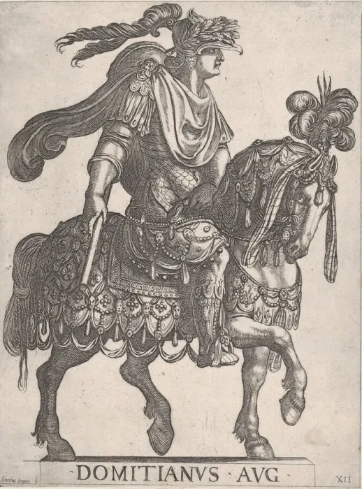 Framed Print : Plate 12: Emperor Domitian on horseback facing right from the First Twelve Emperors Framed Print : Plate 12: Emperor Domitian on horseback facing right from the First Twelve Emperors