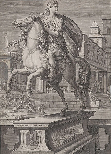 Plate 12: equestrian statue of Domitian, seen three-quarters to the left, with his