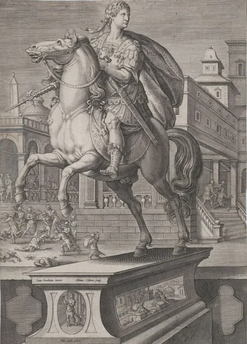 Framed Print : Plate 12: equestrian statue of Domitian, seen three-quarters to the left, with his Framed Print : Plate 12: equestrian statue of Domitian, seen three-quarters to the left, with his