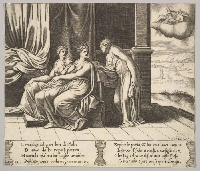 Framed Print : Plate 12: Psyches sisters persuade her a serpent is sleeping with her, from The Fable Framed Print : Plate 12: Psyches sisters persuade her a serpent is sleeping with her, from The Fable