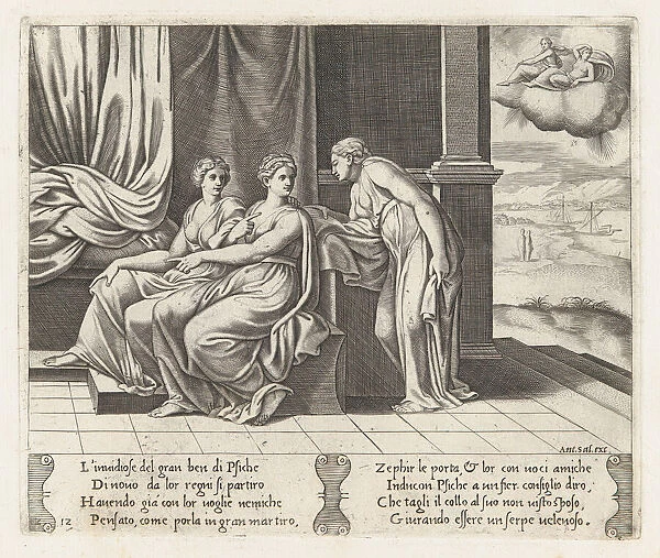 Plate 12: Psyches sisters persuading Psyche that she has been sleeping with a serpent, ... 1530-60. Creator: Master of the Die
