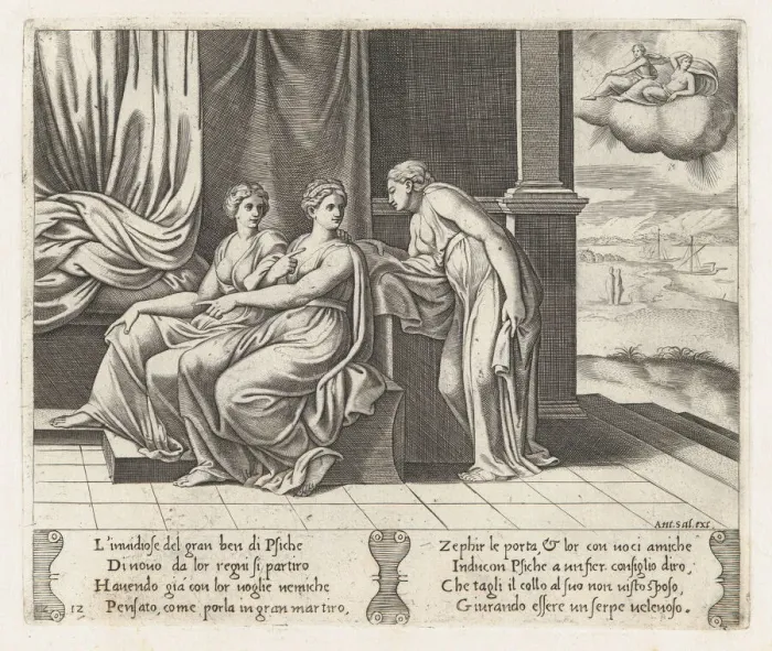 Framed Print : Plate 12: Psyches sisters persuading Psyche that she has been sleeping with a serpent... 1530-60. Creator: Master of the Die Framed Print : Plate 12: Psyches sisters persuading Psyche that she has been sleeping with a serpent... 1530-60. Creator: Master of the Die