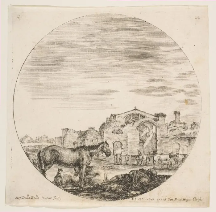 Framed Print : Plate 12: a shepherd sleeping on the ground at right, three horses at left, other hors Framed Print : Plate 12: a shepherd sleeping on the ground at right, three horses at left, other hors