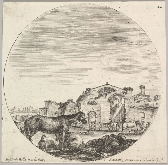 Framed Print : Plate 12: a shepherd sleeping on the ground to right, three horses to left, other h Framed Print : Plate 12: a shepherd sleeping on the ground to right, three horses to left, other h