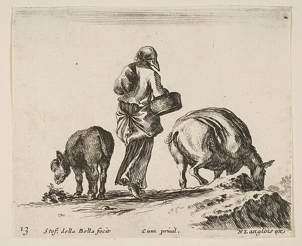 Plate 13: a peasant woman, seen from the back, holding a basket in center, a donkey