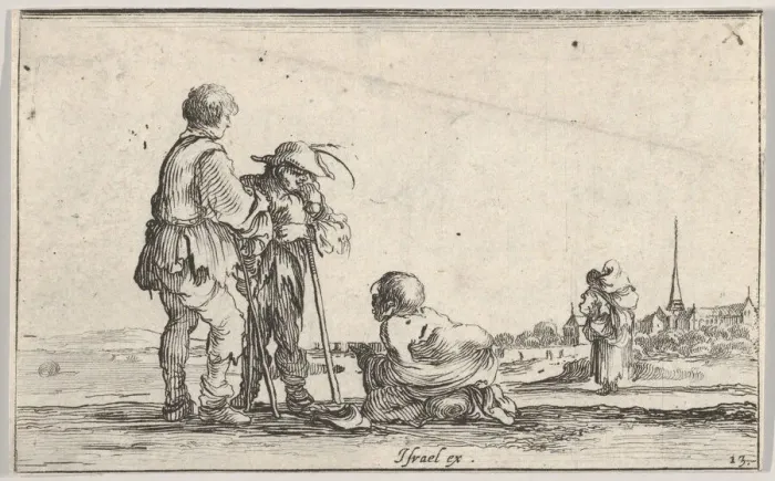 Framed Print : Plate 13: two peasants standing to left, a cripple kneeling on the ground in center, a Framed Print : Plate 13: two peasants standing to left, a cripple kneeling on the ground in center, a
