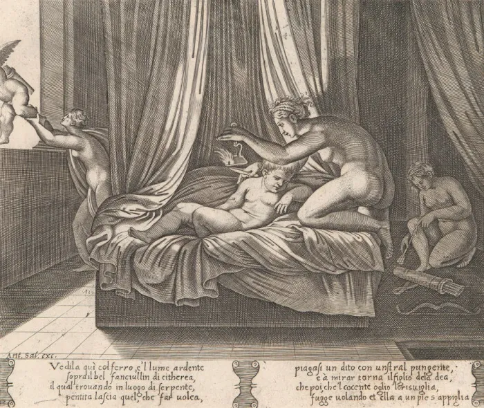 Framed Print : Plate 13: Psyche looking at Cupid, from the Story of Cupid and Psyche as told by Apulei Framed Print : Plate 13: Psyche looking at Cupid, from the Story of Cupid and Psyche as told by Apulei