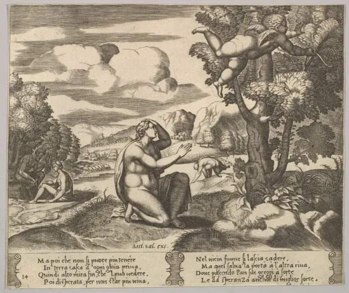 Framed Print : Plate 14: Cupid airborne fleeing from Psyche, from The Fable of Psyche, 1530-60 Framed Print : Plate 14: Cupid airborne fleeing from Psyche, from The Fable of Psyche, 1530-60