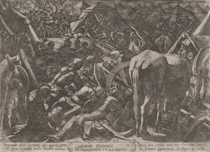 Framed Print : Plate 14: Gideon Terrorizing the Enemy Camp, from The Battles of the Old Tes... ca Framed Print : Plate 14: Gideon Terrorizing the Enemy Camp, from The Battles of the Old Tes... ca